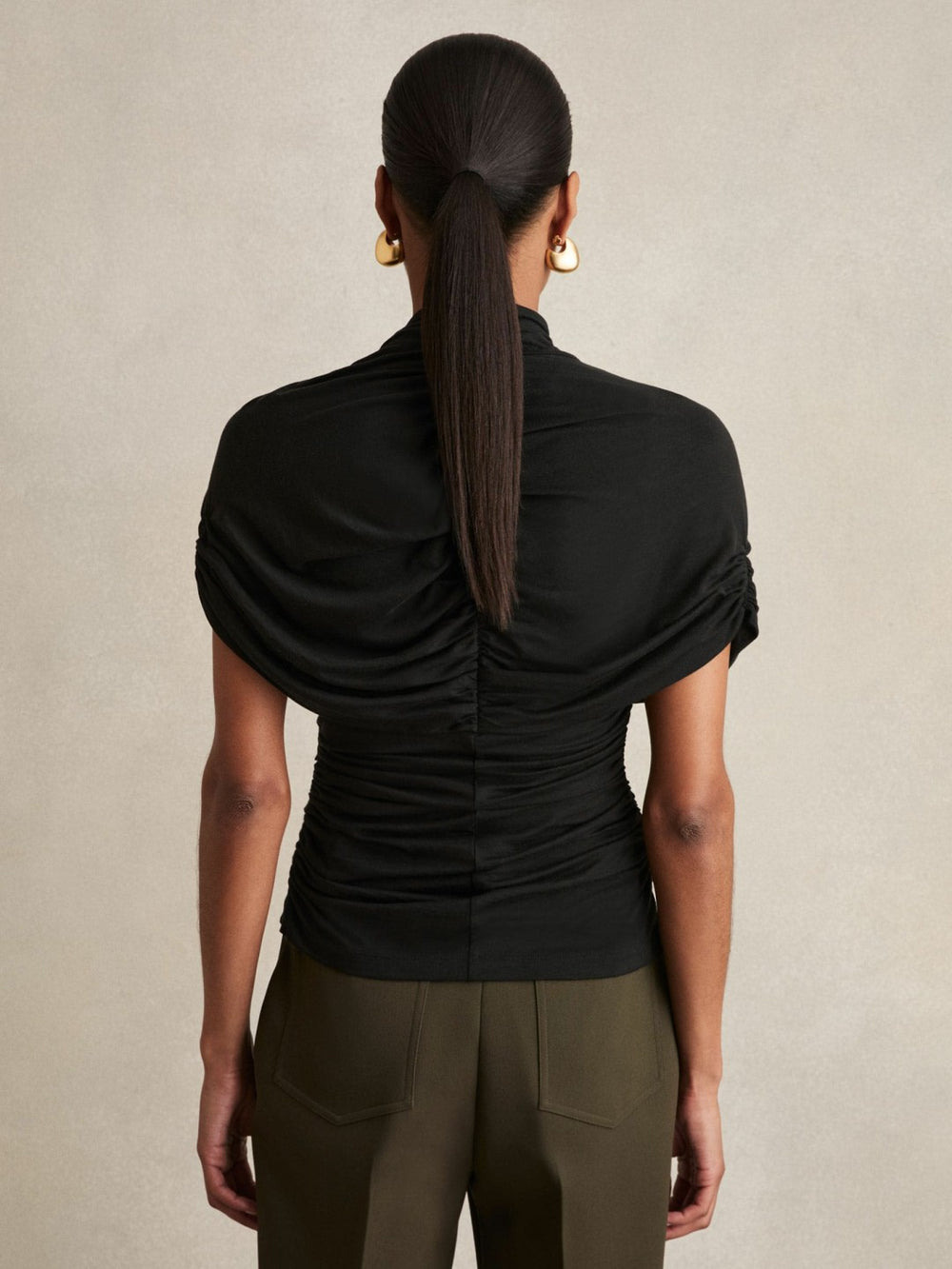 Women Stretch Lyocell Draped Top in Black