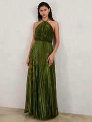 Women Halston Metallic Pleated Maxi Dress in Dark Olive Green