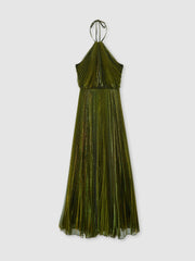 Women Halston Metallic Pleated Maxi Dress in Dark Olive Green