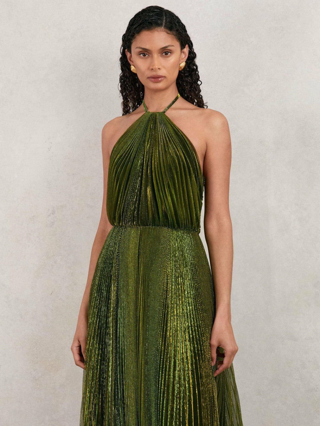 Women Halston Metallic Pleated Maxi Dress in Dark Olive Green