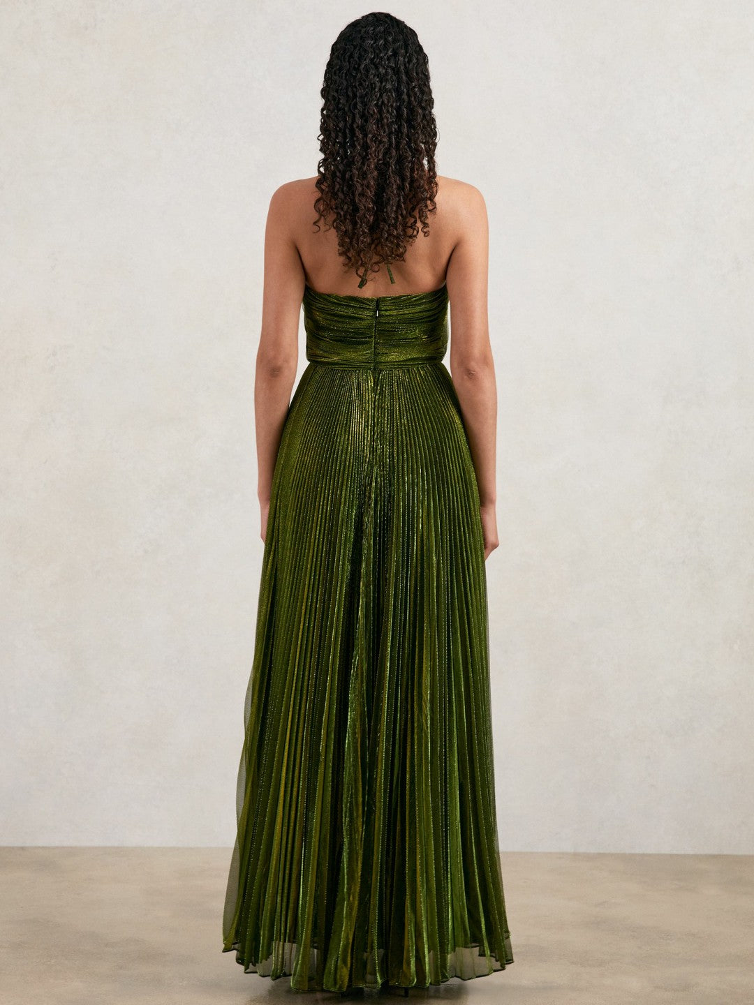 Women Halston Metallic Pleated Maxi Dress in Dark Olive Green