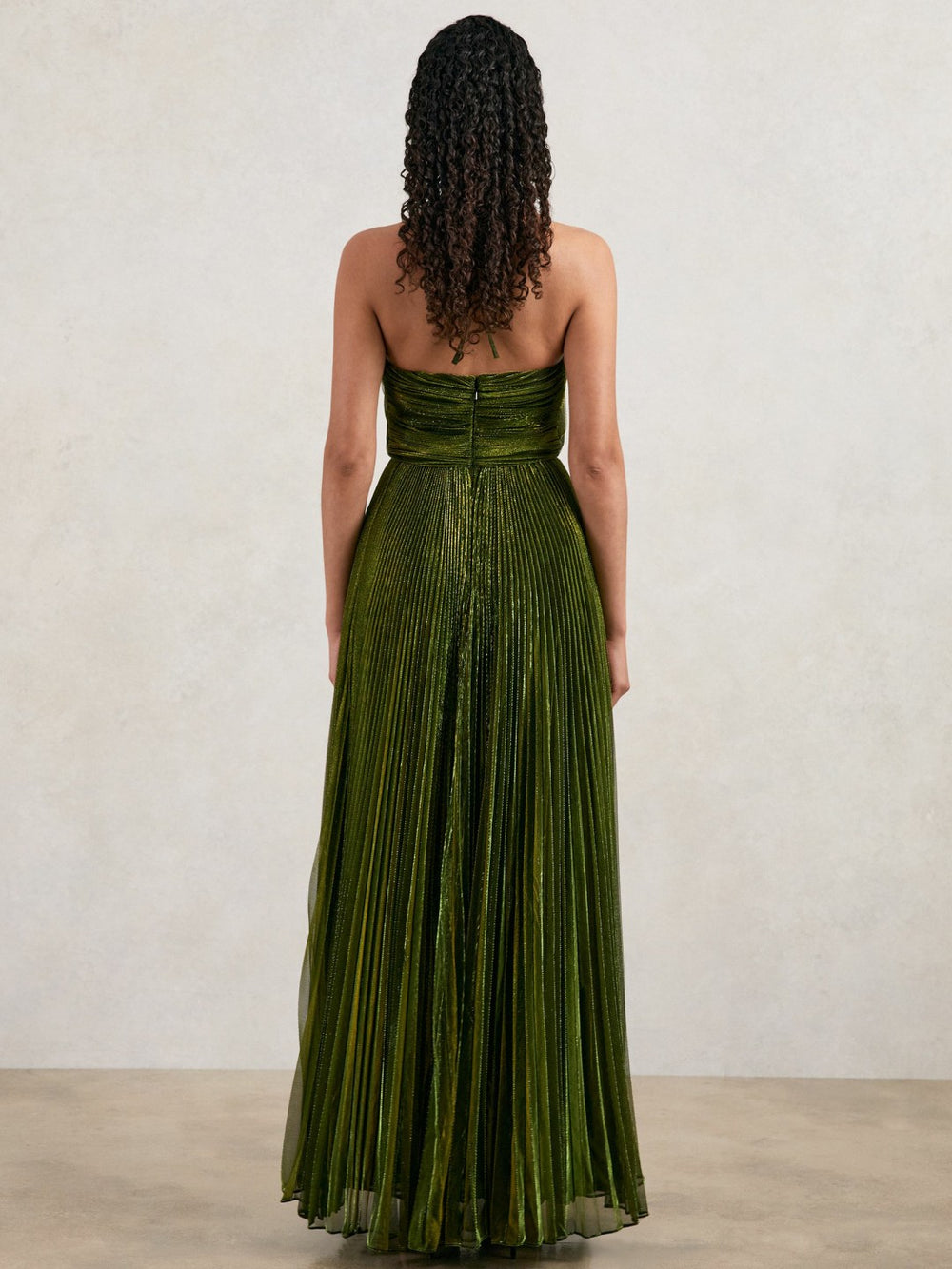 Women Halston Metallic Pleated Maxi Dress in Dark Olive Green
