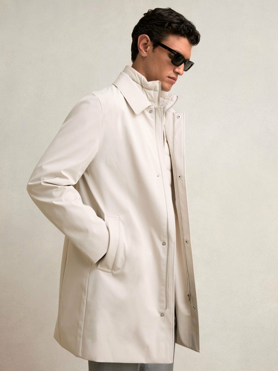 Men Hybrid Removable Funnel Neck Overcoat in Light Stone