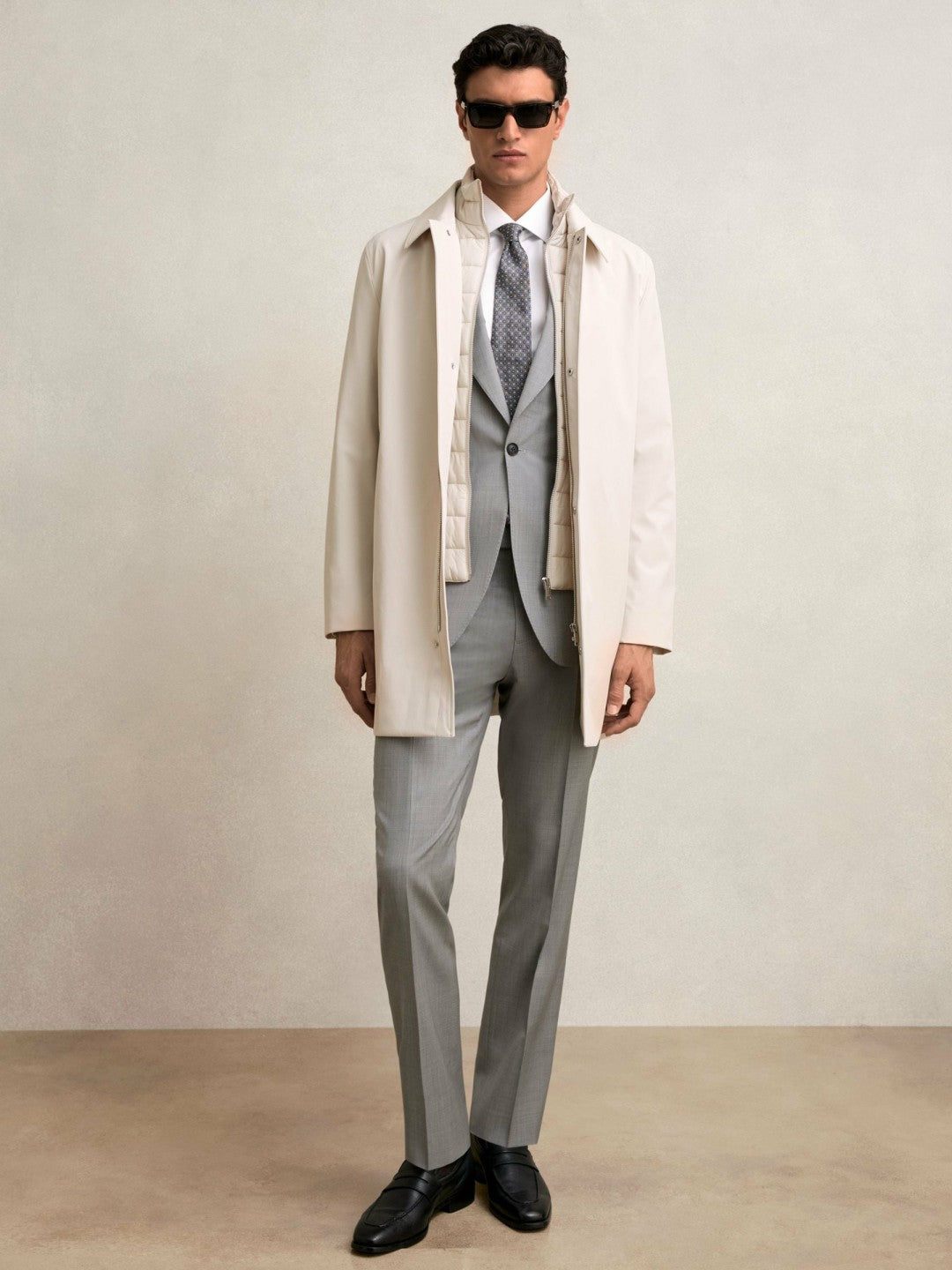 Men Hybrid Removable Funnel Neck Overcoat in Light Stone