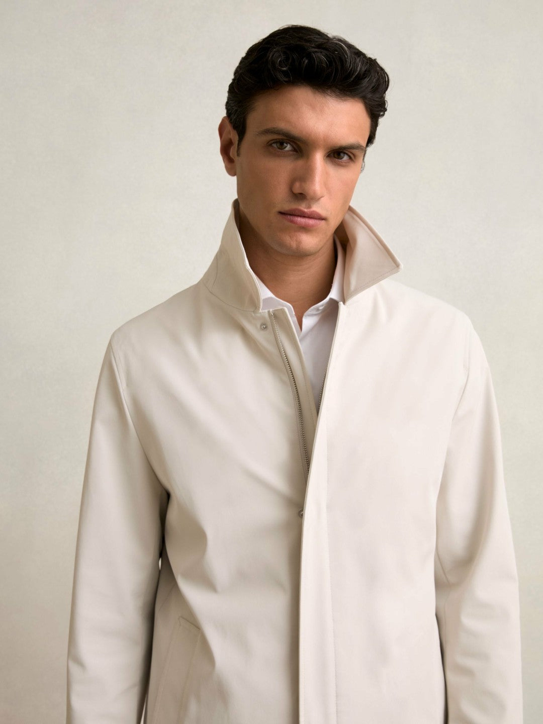 Men Hybrid Removable Funnel Neck Overcoat in Light Stone