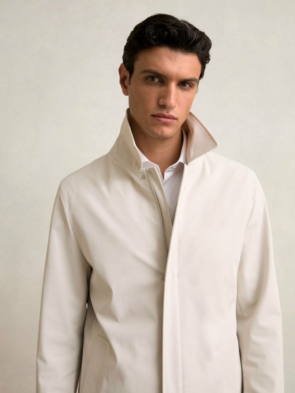 Men Hybrid Removable Funnel Neck Overcoat in Light Stone