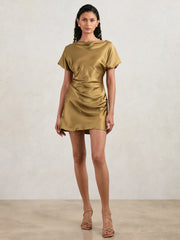 Women Acler Draped Satin Mini Dress in Gold Moss