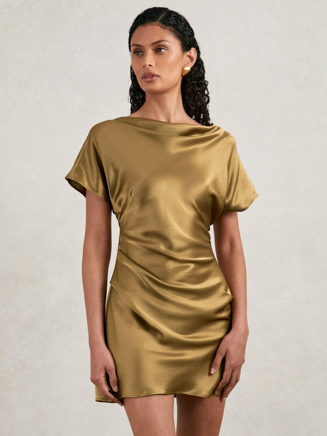 Women Acler Draped Satin Mini Dress in Gold Moss