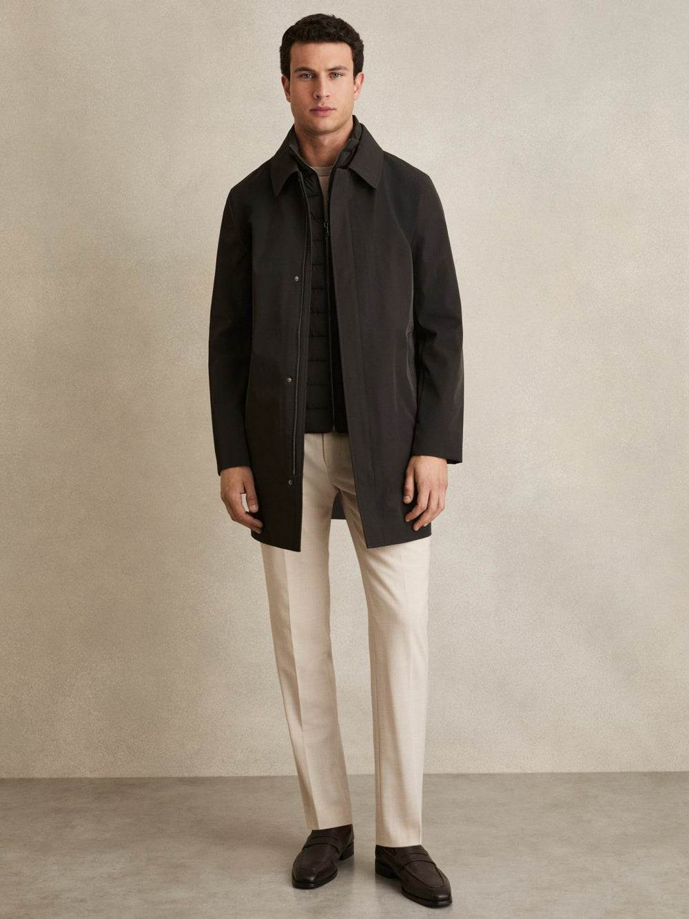Men Hybrid Removable Funnel Neck Overcoat in Brown
