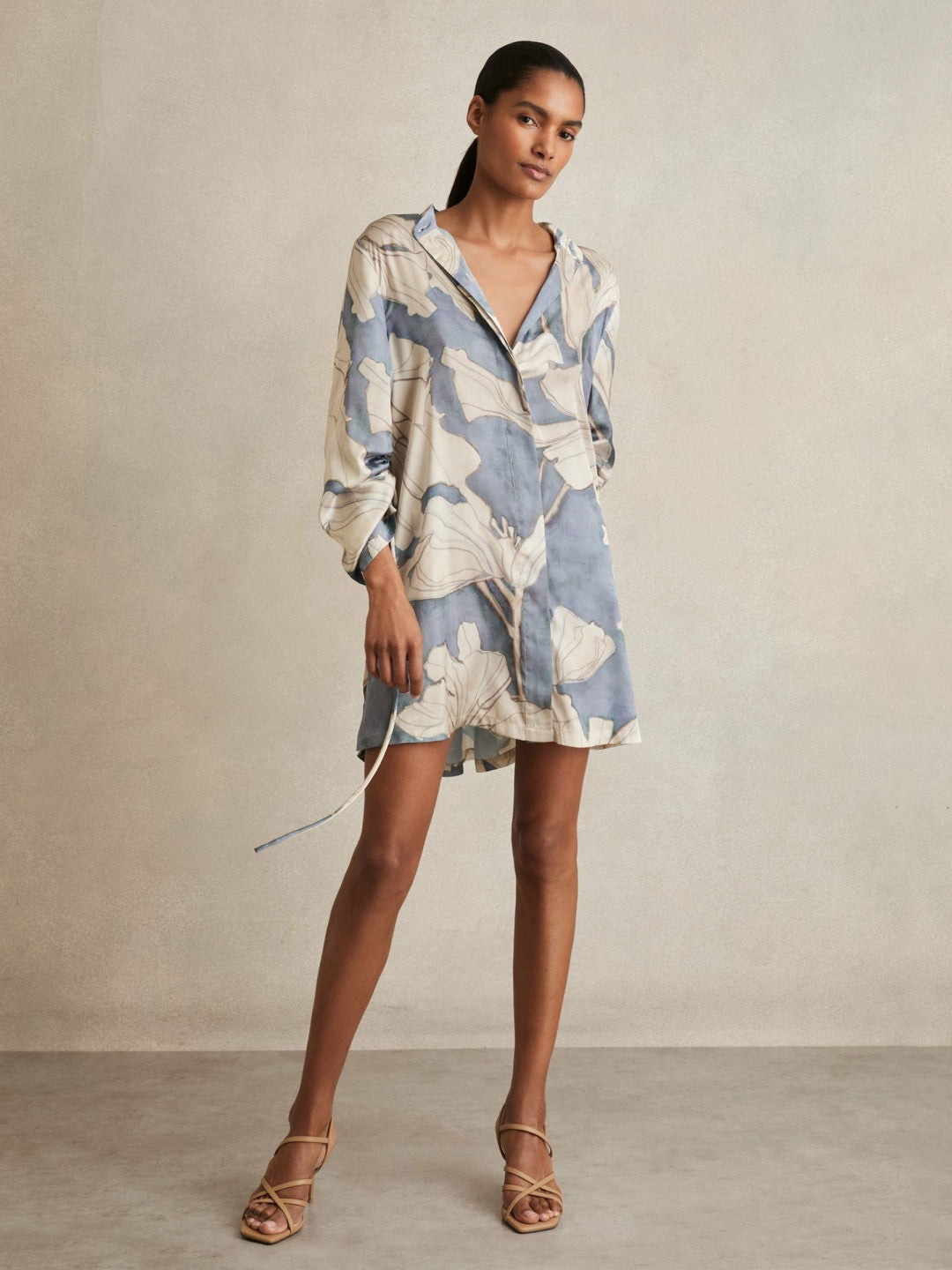 Women Floral Print Gathered Cut Out Shirt Dress in Blue