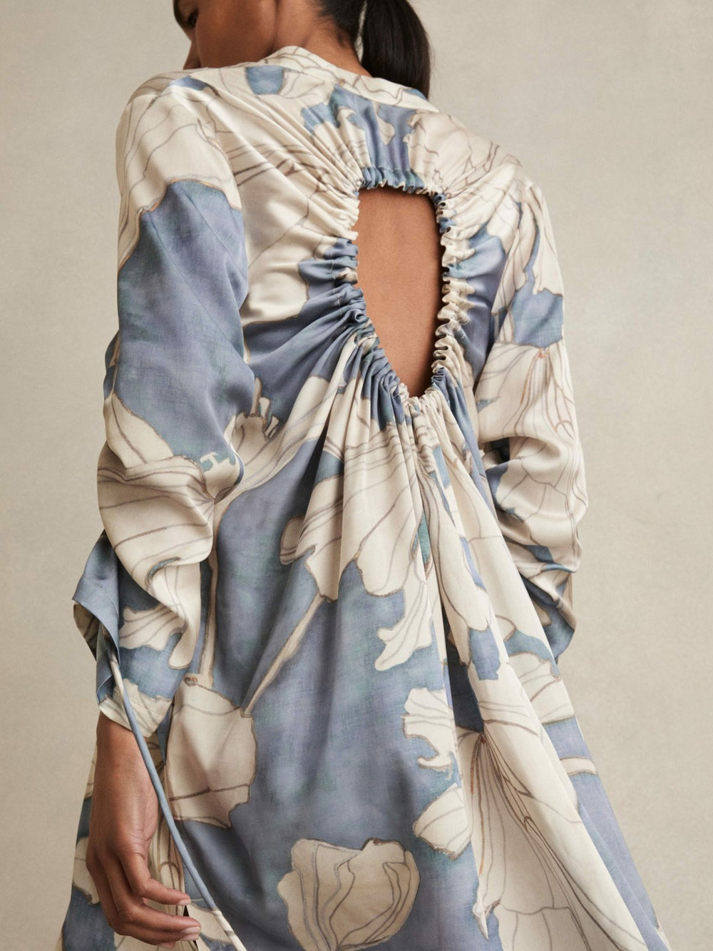 Women Floral Print Gathered Cut Out Shirt Dress in Blue