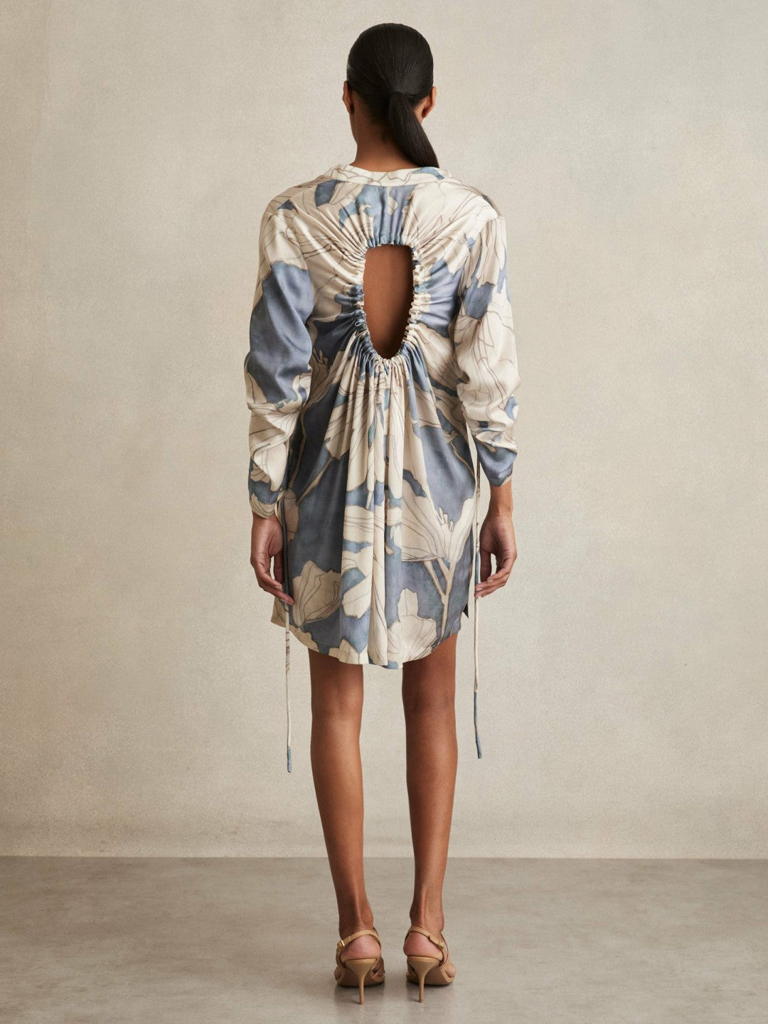 Women Floral Print Gathered Cut Out Shirt Dress in Blue