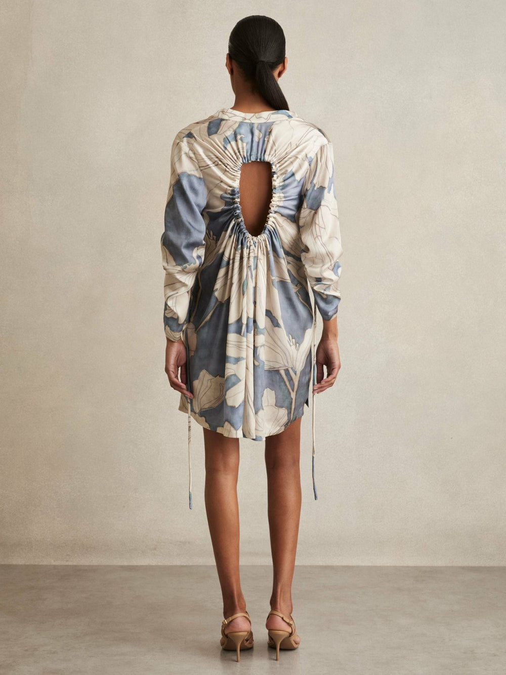 Women Floral Print Gathered Cut Out Shirt Dress in Blue