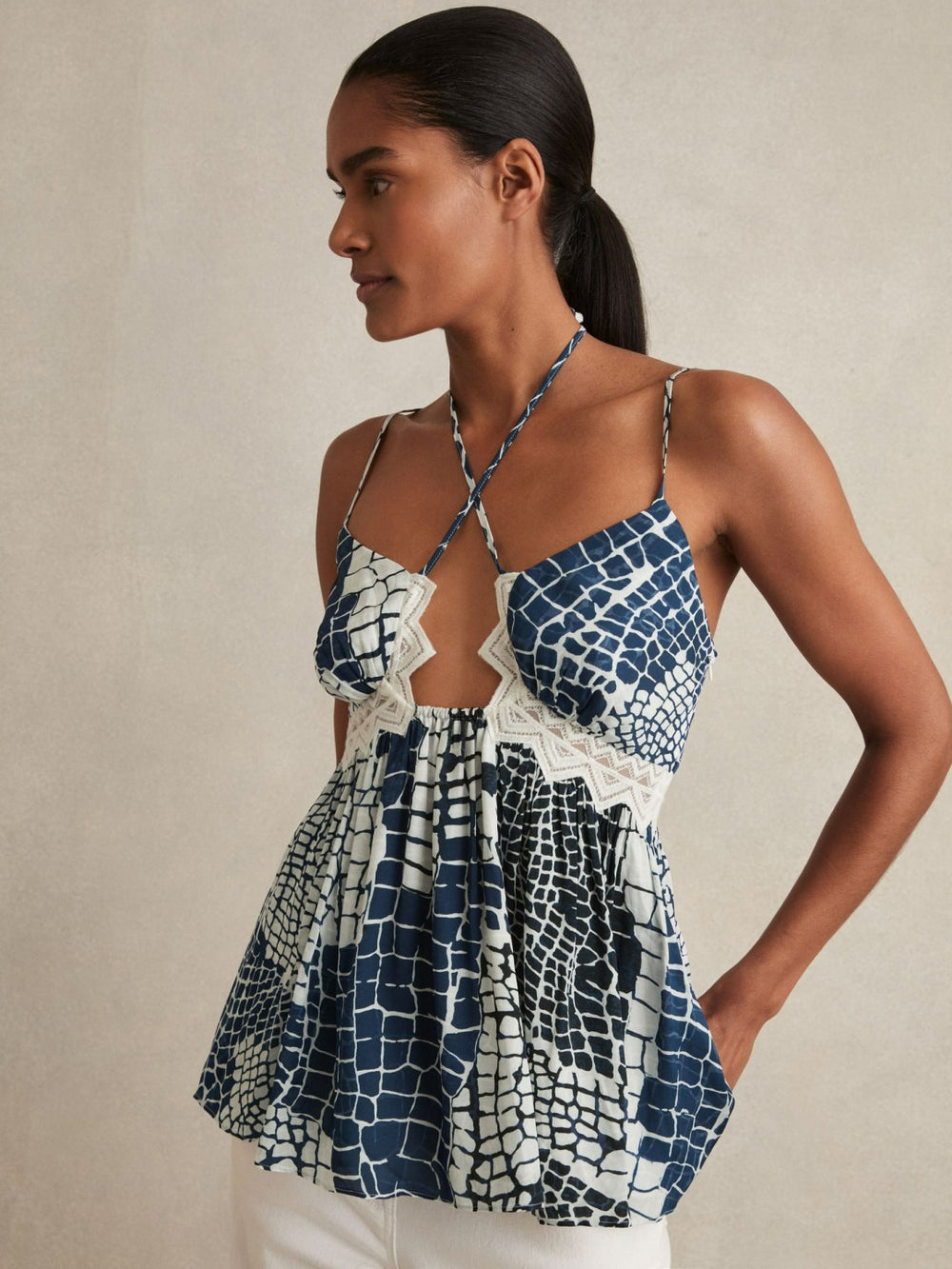 Women Animal Print Lace Trim Cami Top in Blue