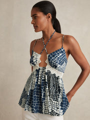 Women Animal Print Lace Trim Cami Top in Blue