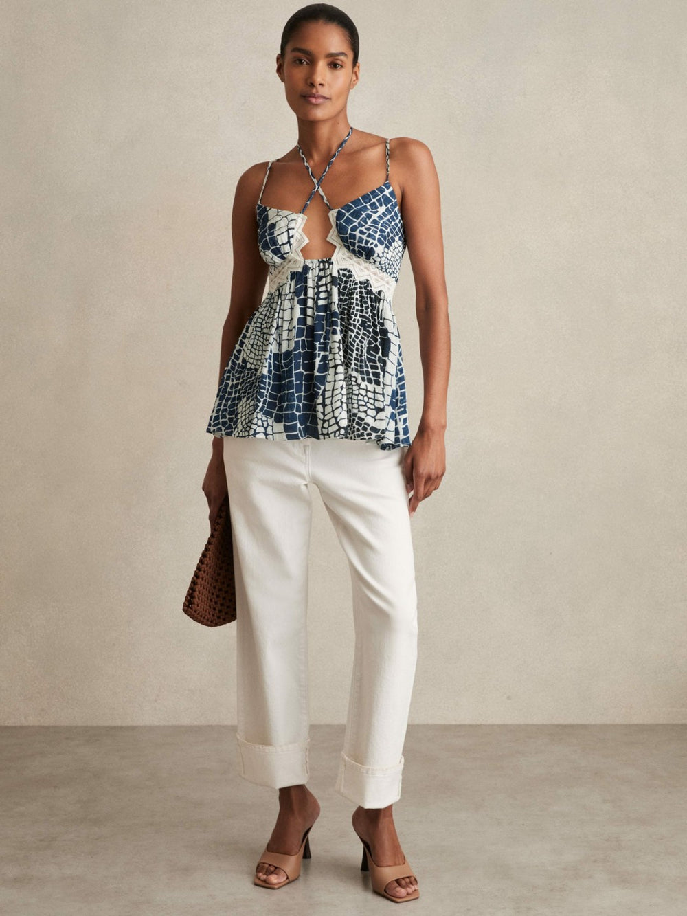 Women Animal Print Lace Trim Cami Top in Blue