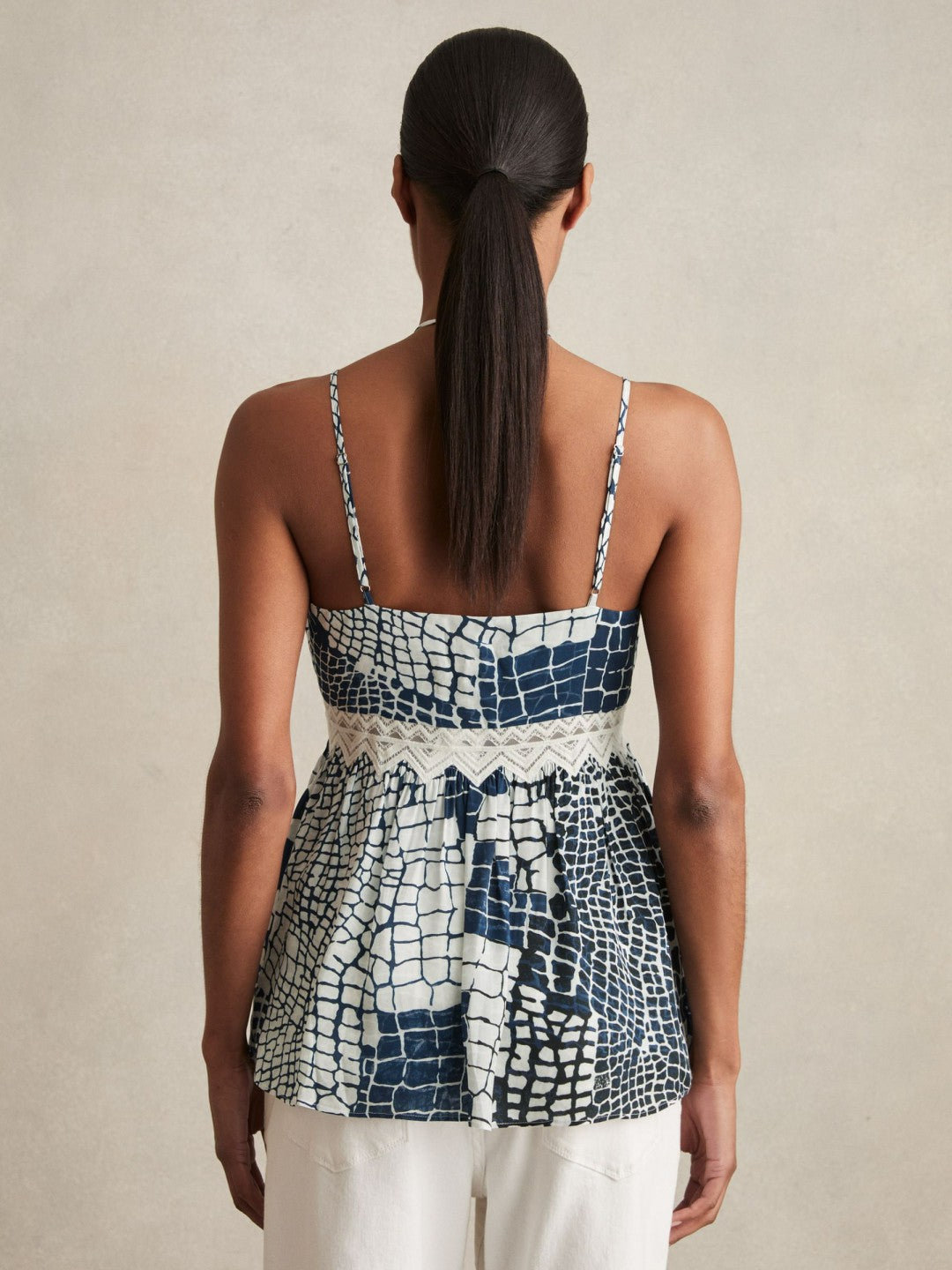 Women Animal Print Lace Trim Cami Top in Blue