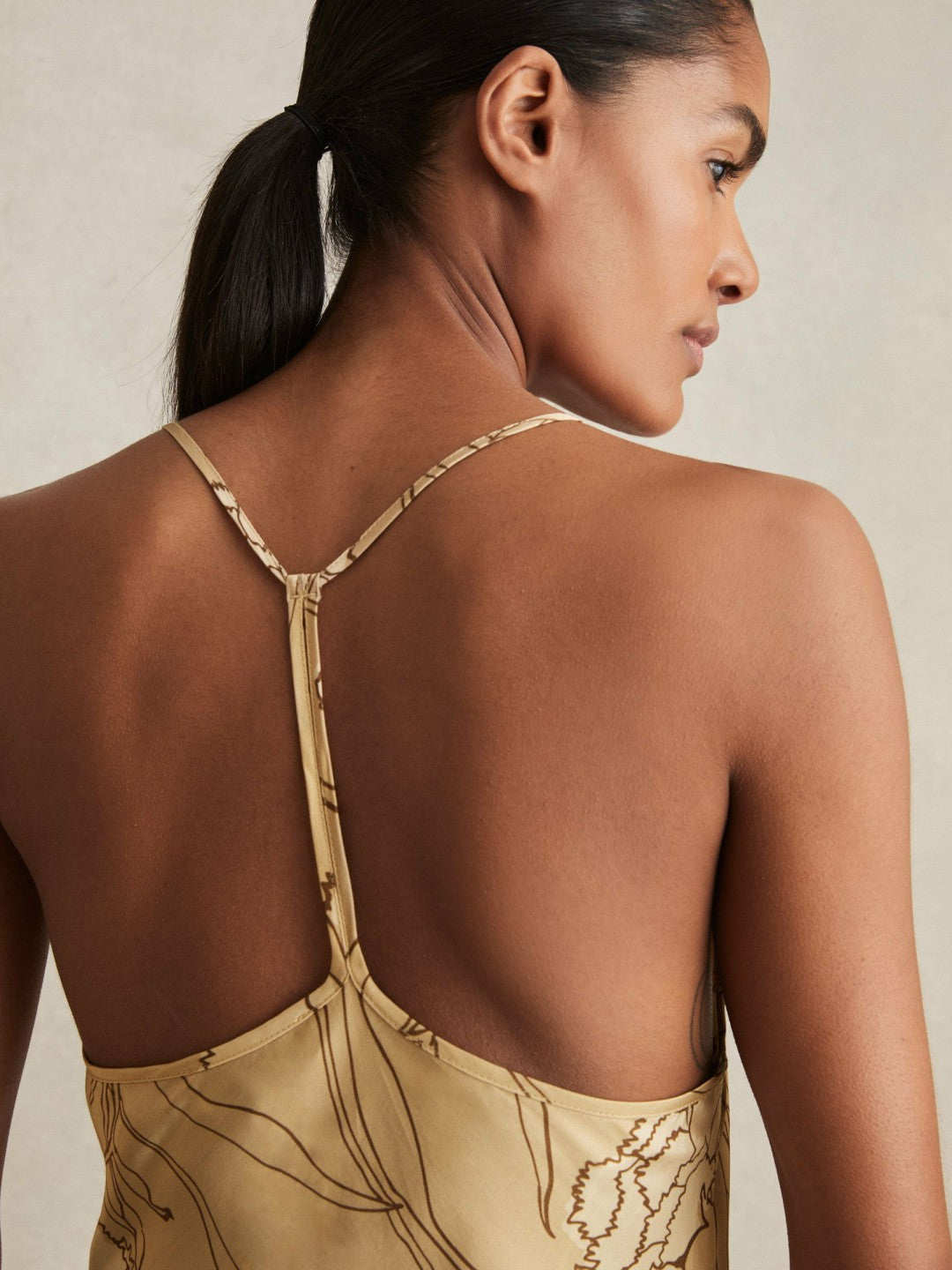 Women Satin Floral-Print Slip Maxi Dress in Gold