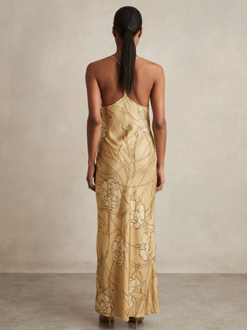 Women Satin Floral-Print Slip Maxi Dress in Gold