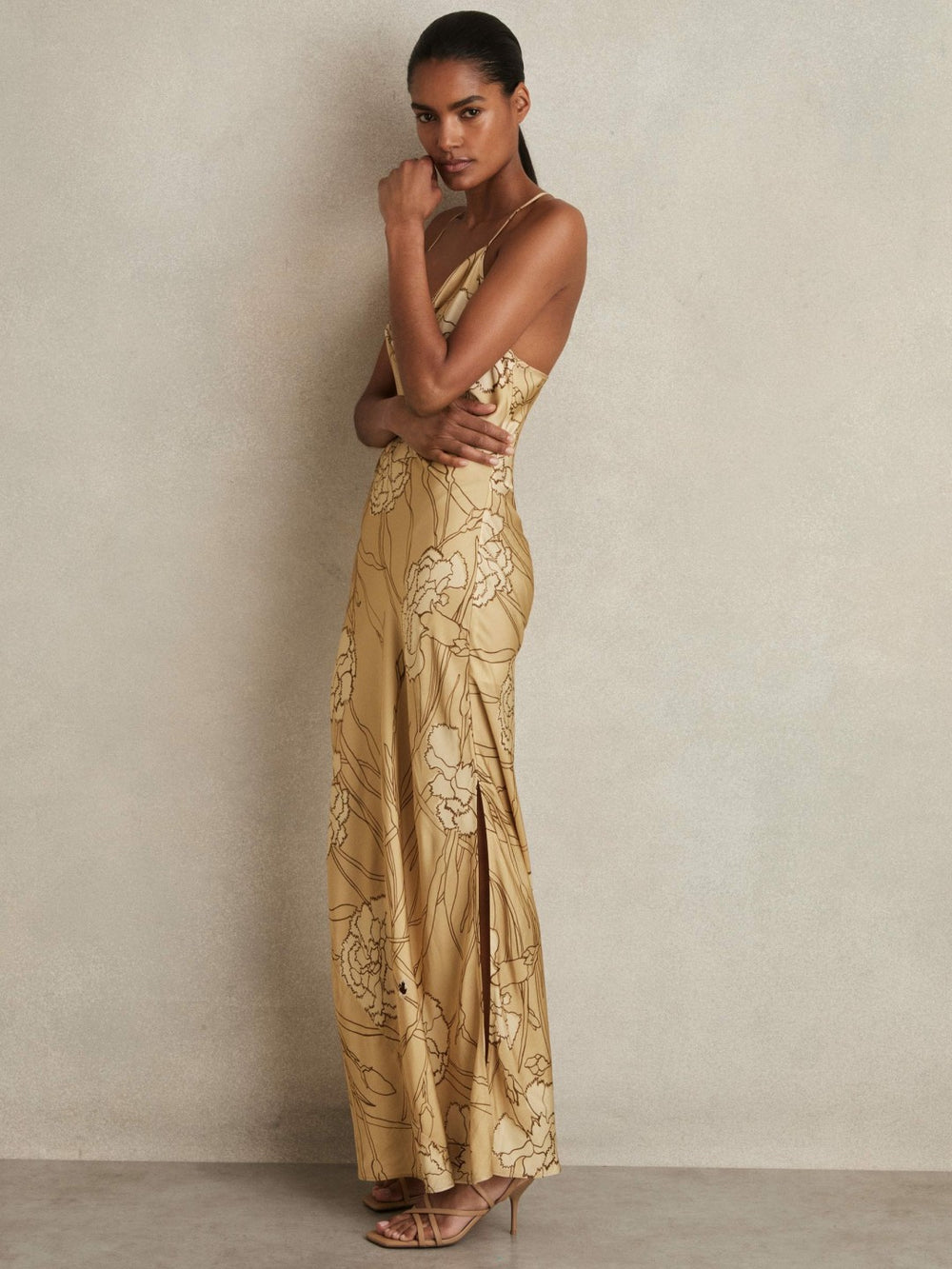 Women Satin Floral-Print Slip Maxi Dress in Gold