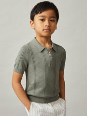Children & Baby 13-14 yrs Half-Zip Pointelle Polo Shirt in Sage