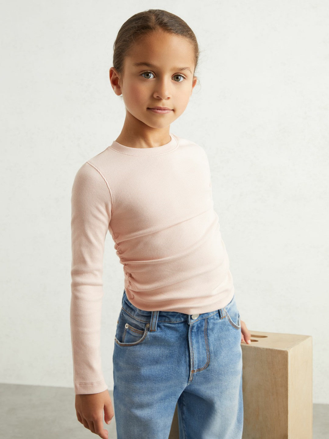 Children & Baby 13-14 yrs Cotton Ruched Long-Sleeve T-Shirt with Stretch in Pale Pink