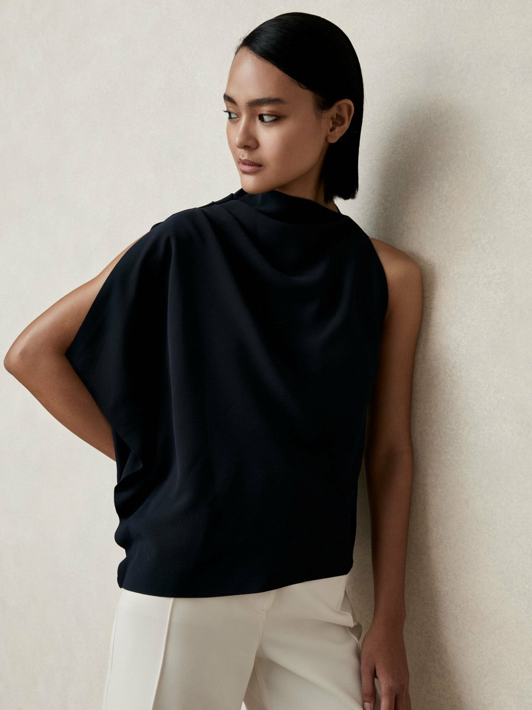 Women One-Shoulder Draped Top in Navy