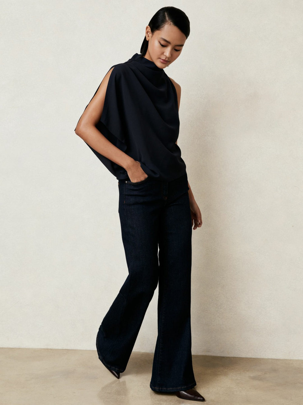 Women One-Shoulder Draped Top in Navy
