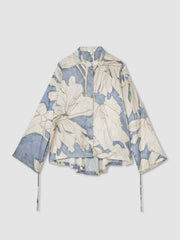 Women Floral Print Gathered Cut Out Shirt in Blue