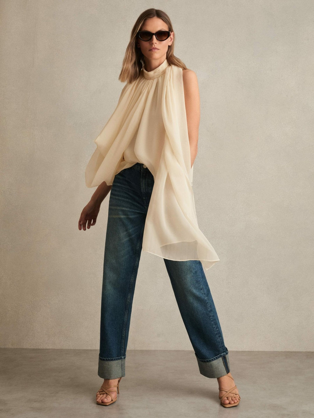 Women Draped Chiffon Sleeveless Top in Ivory
