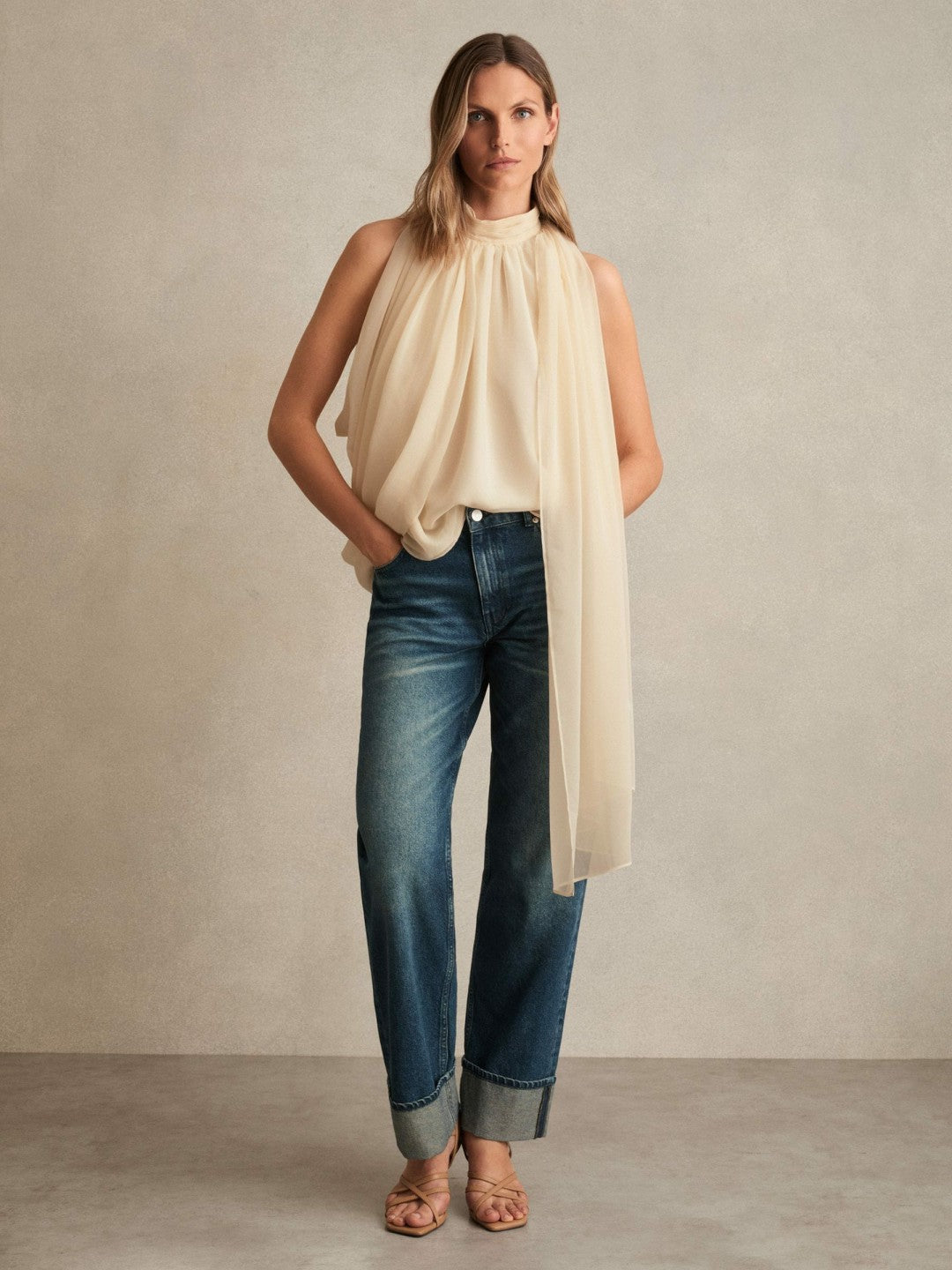 Women Draped Chiffon Sleeveless Top in Ivory