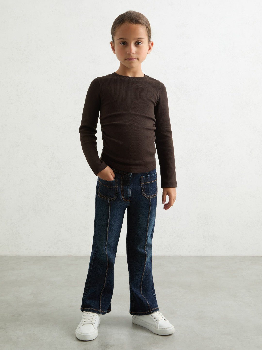 Children & Baby 9-13 yrs Cotton Ruched Long-Sleeve T-Shirt with Stretch in Chocolate