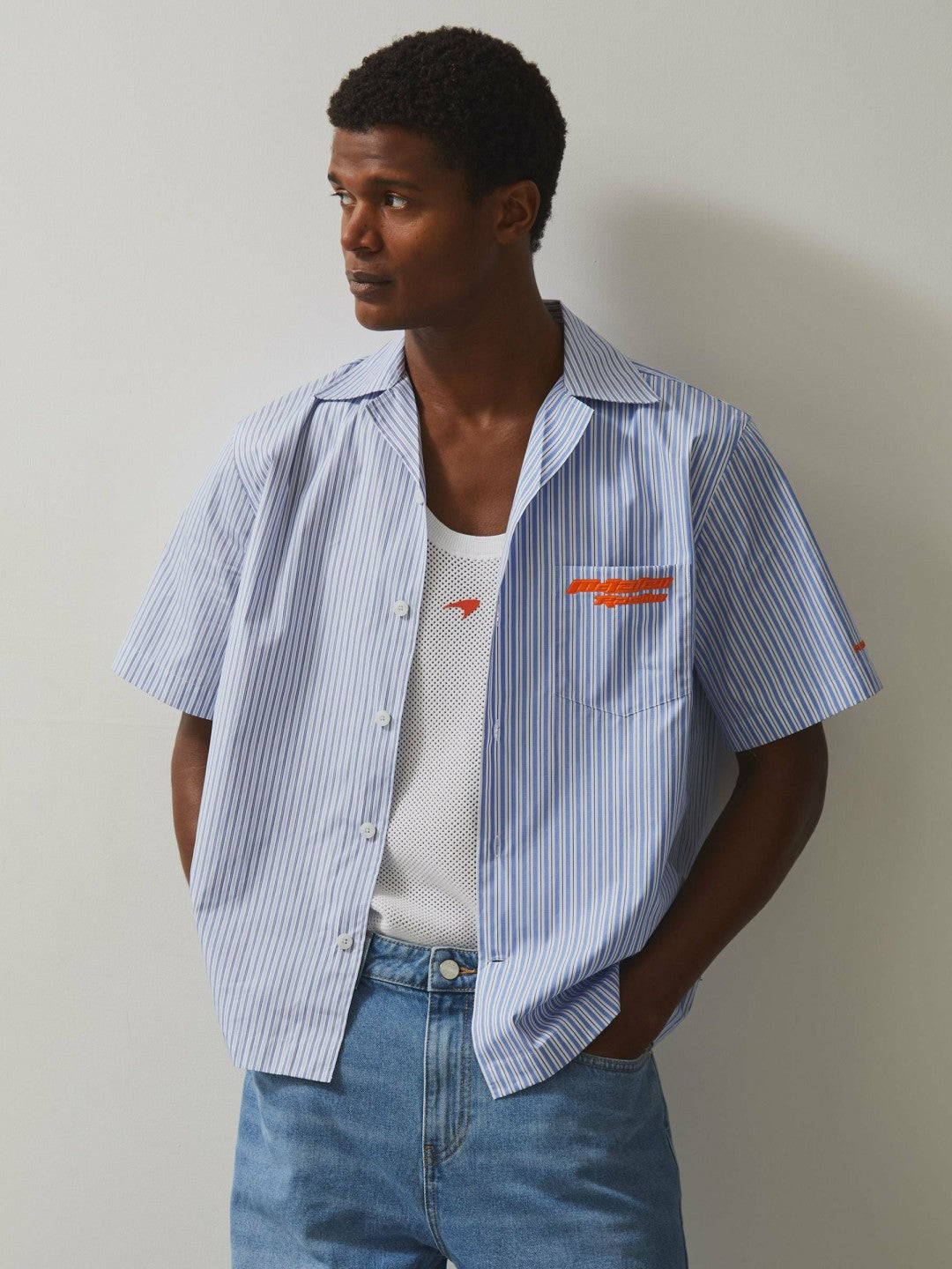 Men McLaren F1 Team Cuban Collar Striped Shirt in Soft Blue/White