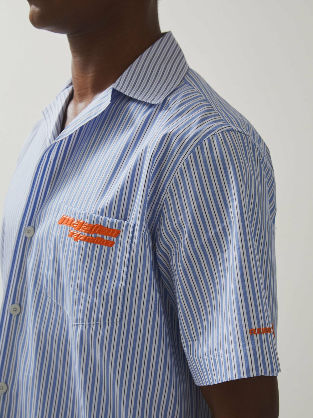 Men McLaren F1 Team Cuban Collar Striped Shirt in Soft Blue/White
