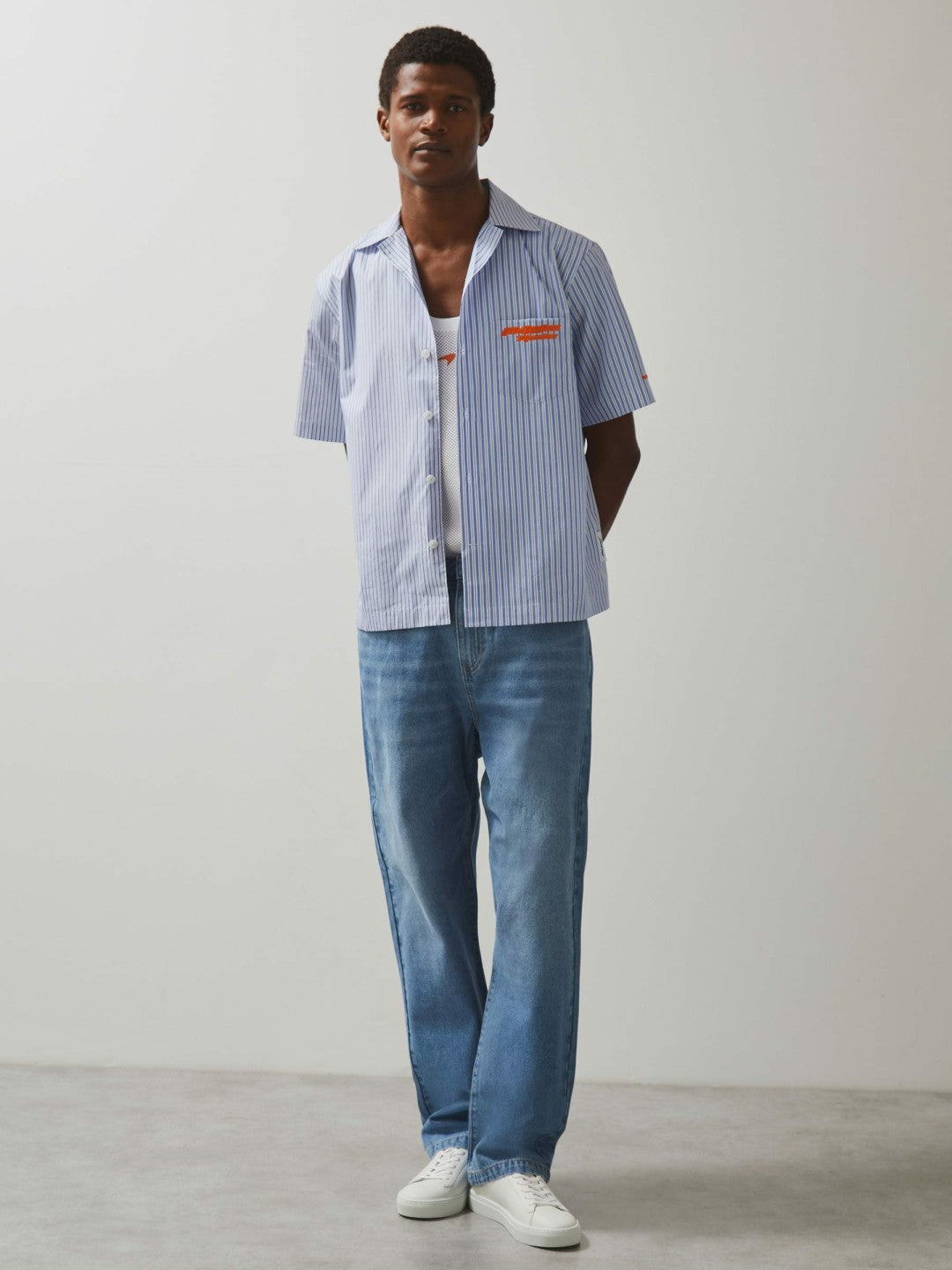 Men McLaren F1 Team Cuban Collar Striped Shirt in Soft Blue/White