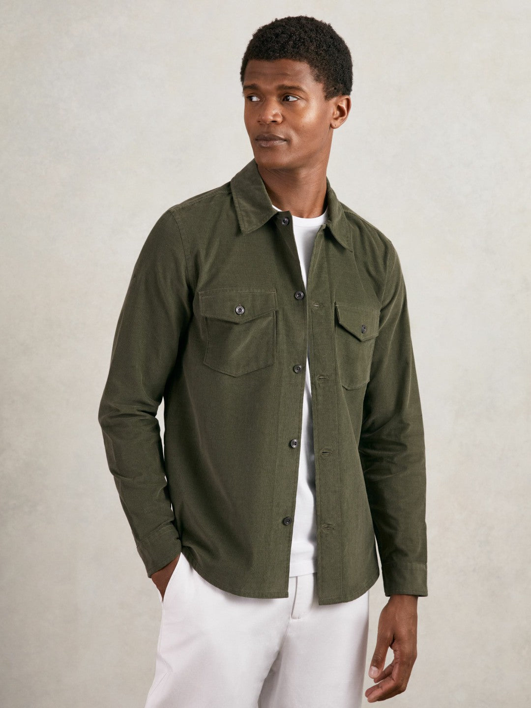 Men Cotton Corduroy Twin-Pocket Overshirt in Khaki Green
