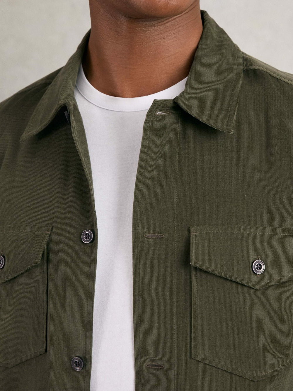 Men Cotton Corduroy Twin-Pocket Overshirt in Khaki Green