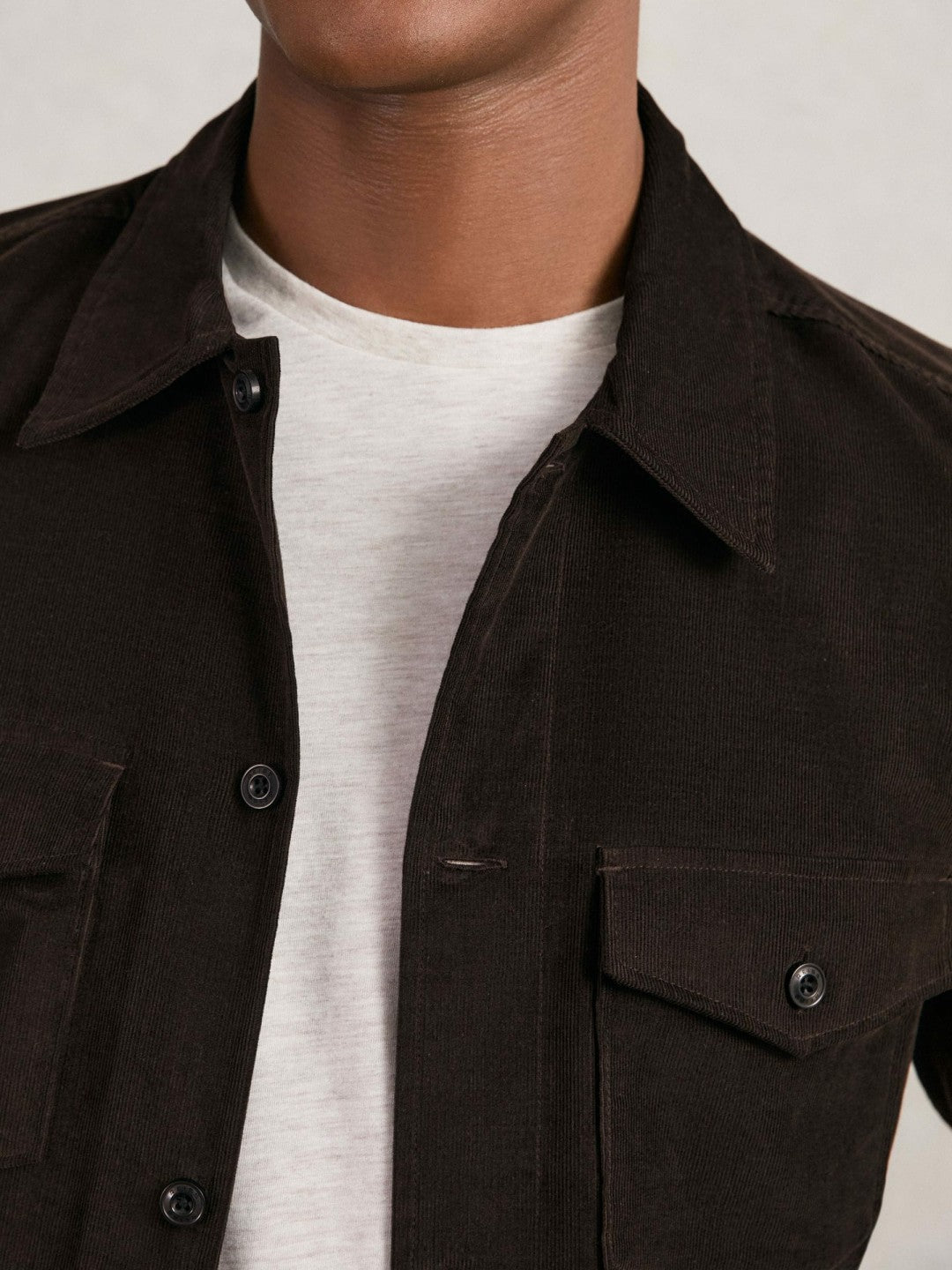 Men Cotton Corduroy Twin-Pocket Overshirt in Brown