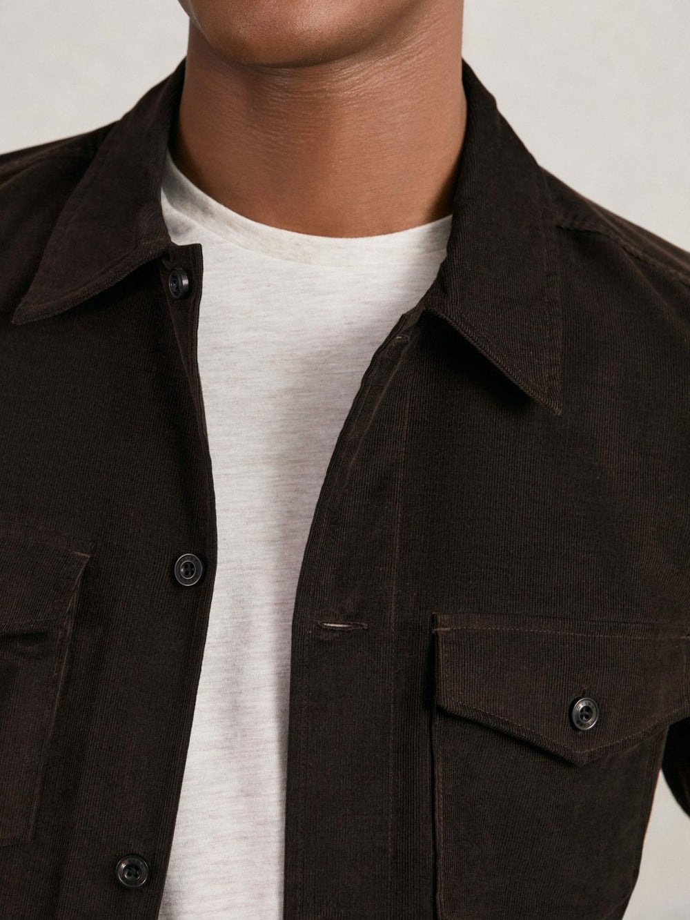 Men Cotton Corduroy Twin-Pocket Overshirt in Brown