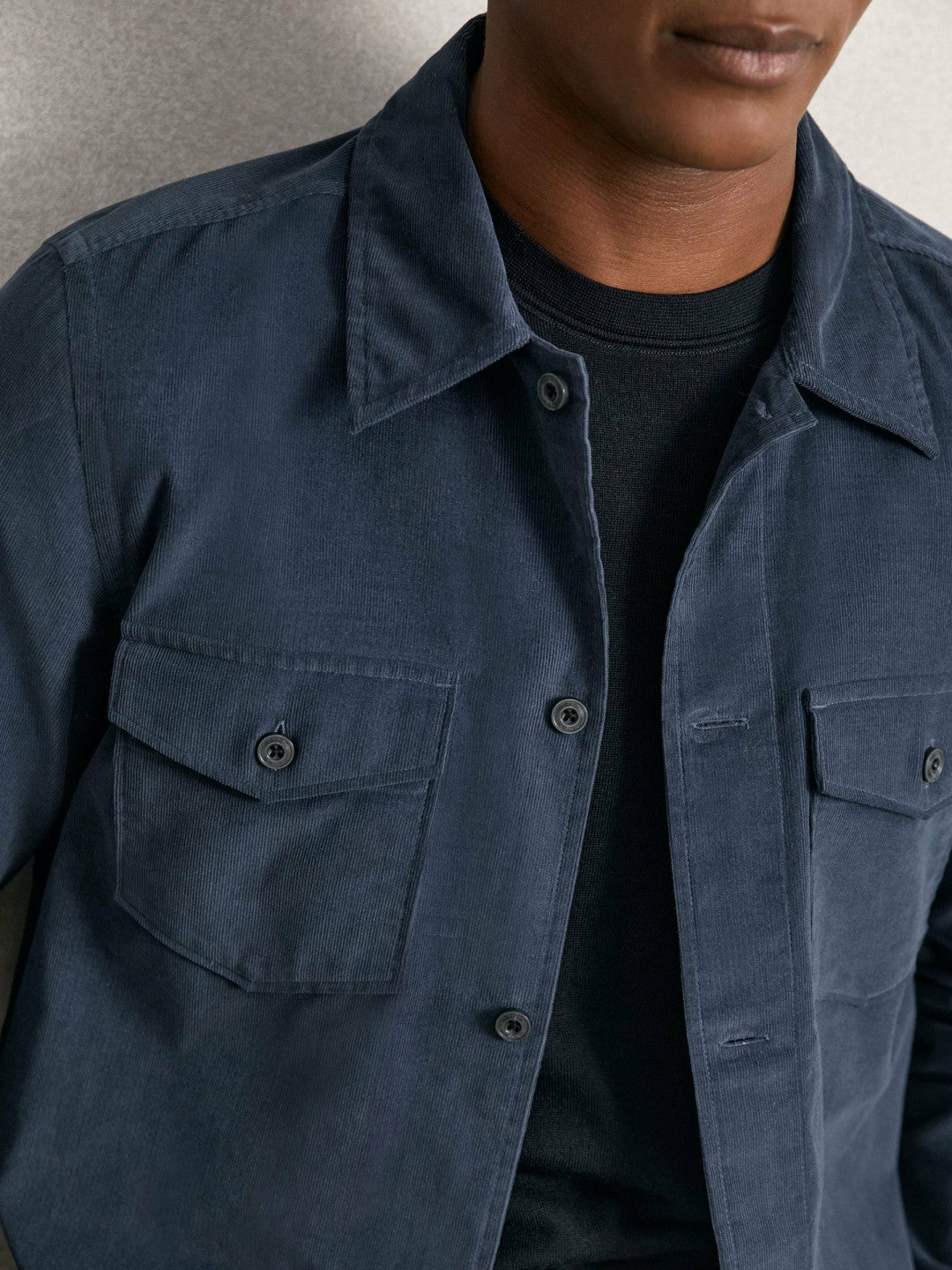 Men Cotton Corduroy Twin-Pocket Overshirt in Airforce Blue