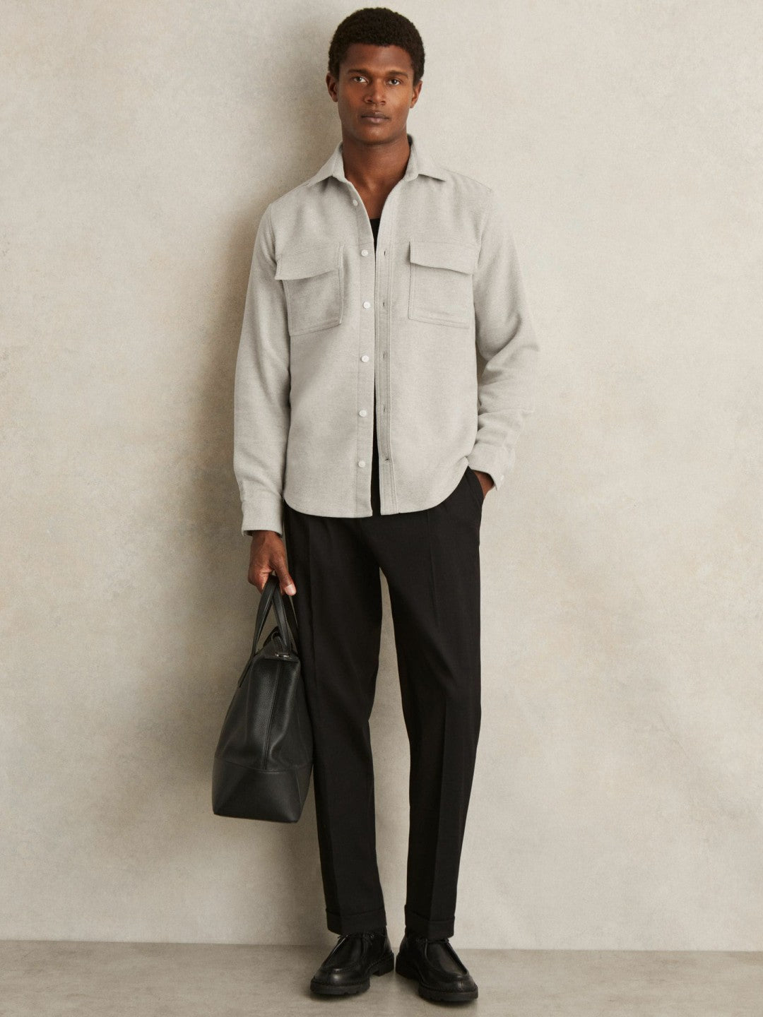 Men Moleskin-Cotton Twin-Pocket Overshirt in Soft Grey Melange