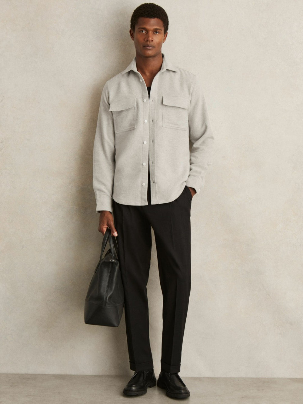 Men Moleskin-Cotton Twin-Pocket Overshirt in Soft Grey Melange