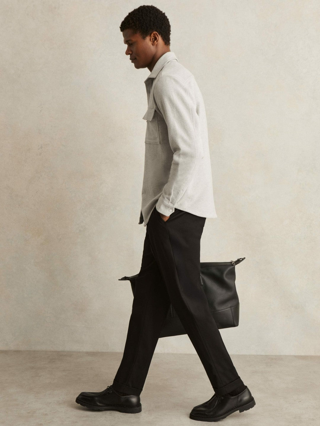 Men Moleskin-Cotton Twin-Pocket Overshirt in Soft Grey Melange