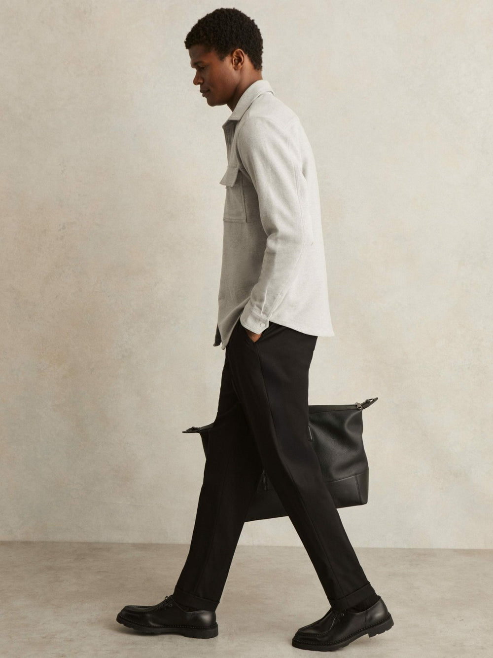 Men Moleskin-Cotton Twin-Pocket Overshirt in Soft Grey Melange