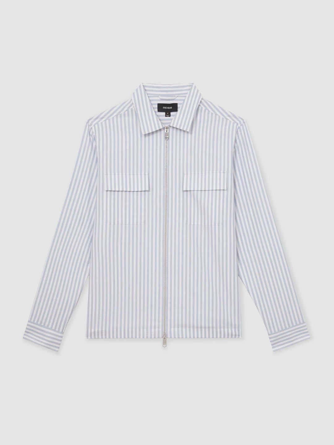 Men Cotton Stripe Zip-Through Shirt in White/Soft Blue