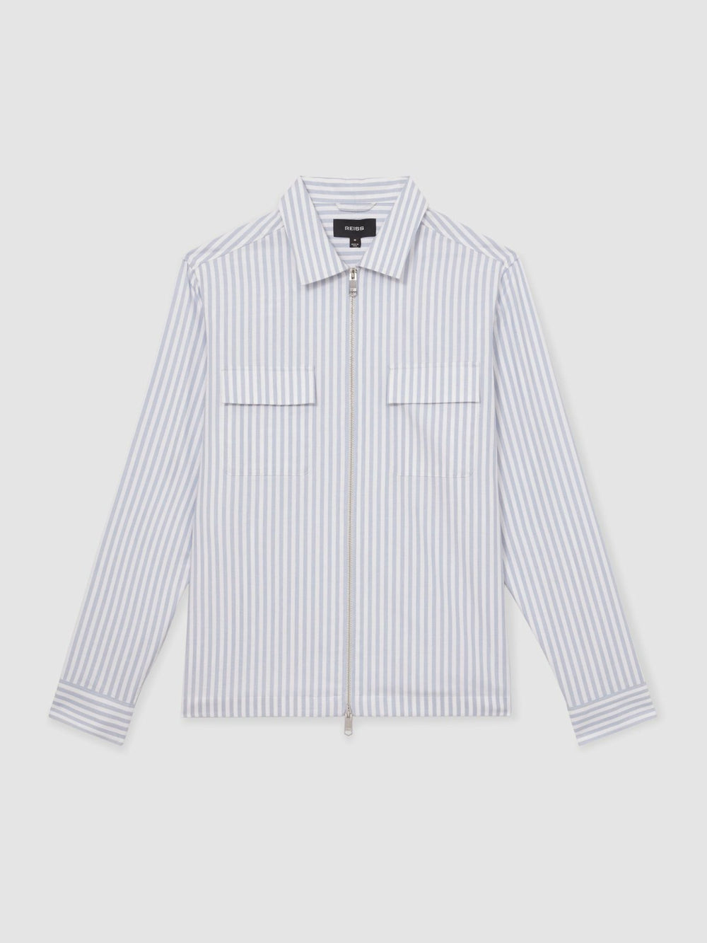 Men Cotton Stripe Zip-Through Shirt in White/Soft Blue