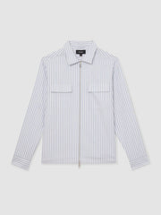 Men Cotton Stripe Zip-Through Shirt in White/Soft Blue