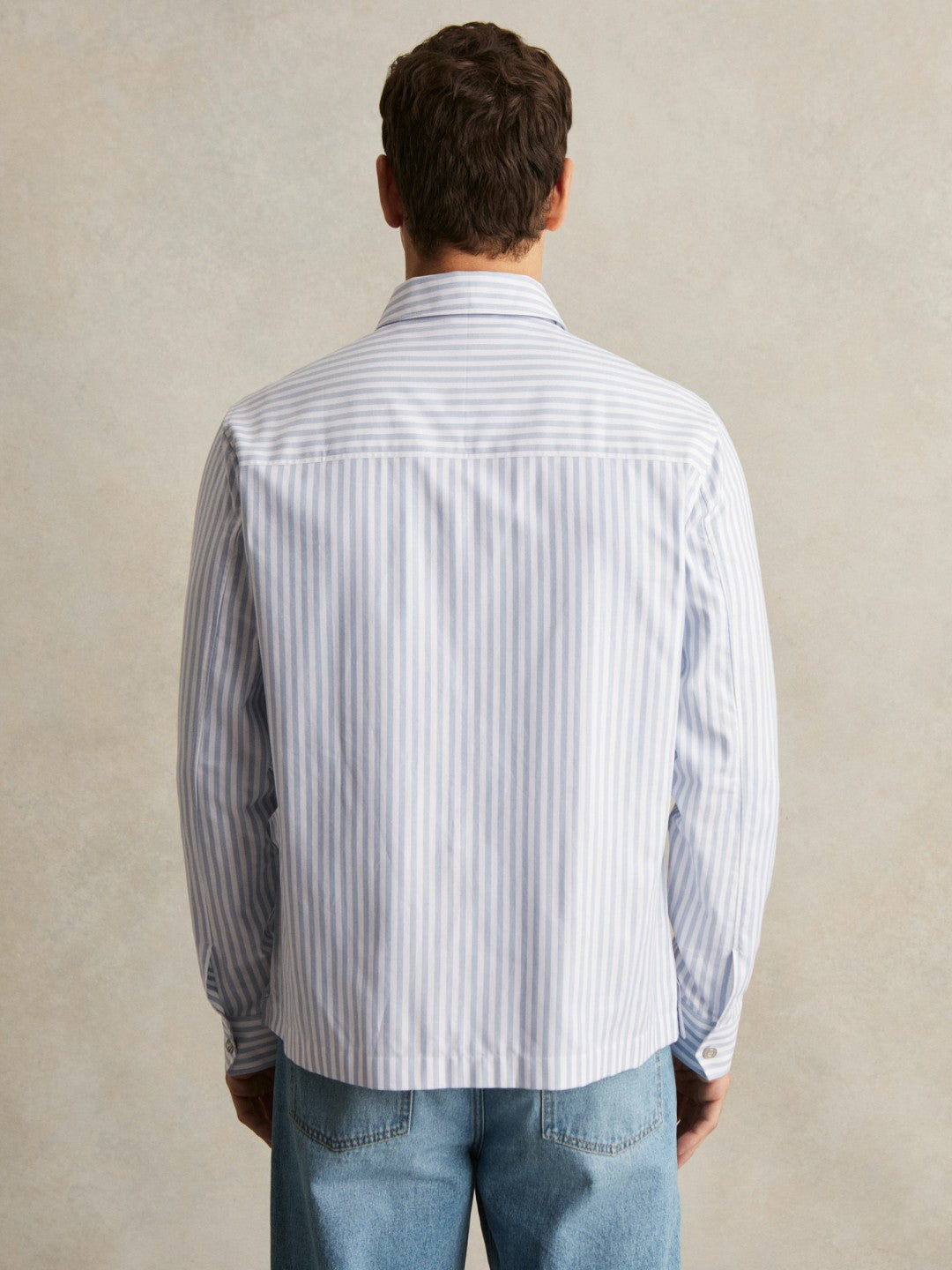 Men Cotton Stripe Zip-Through Shirt in White/Soft Blue