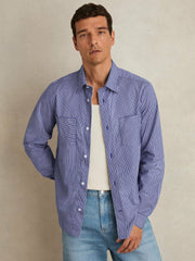 Men Cotton-Poplin Stripe Twin-Pocket Shirt in Blue/White
