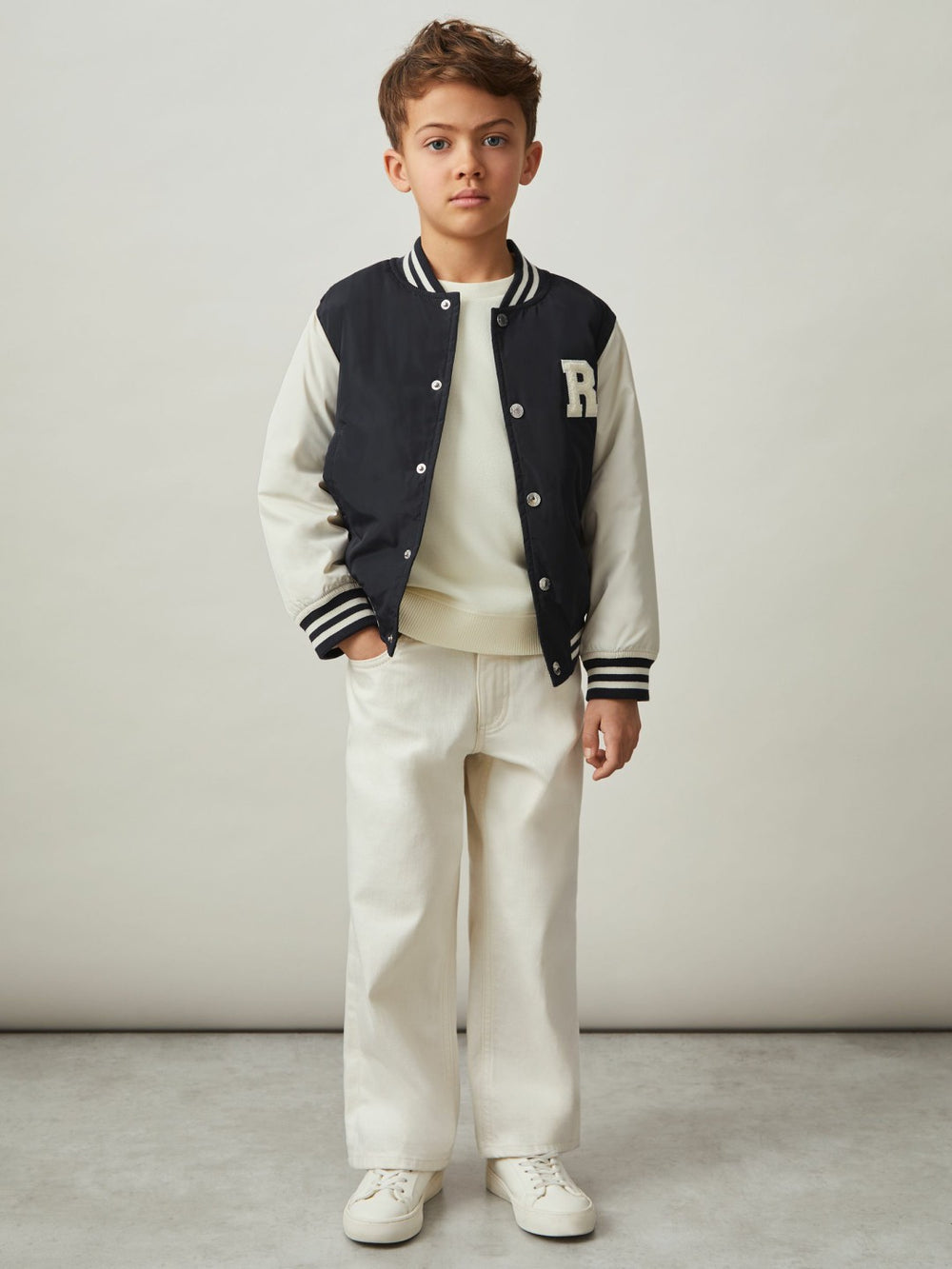 Children & Baby 13-14 yrs Colour-Block Varsity Bomber Jacket in Navy/ Off White
